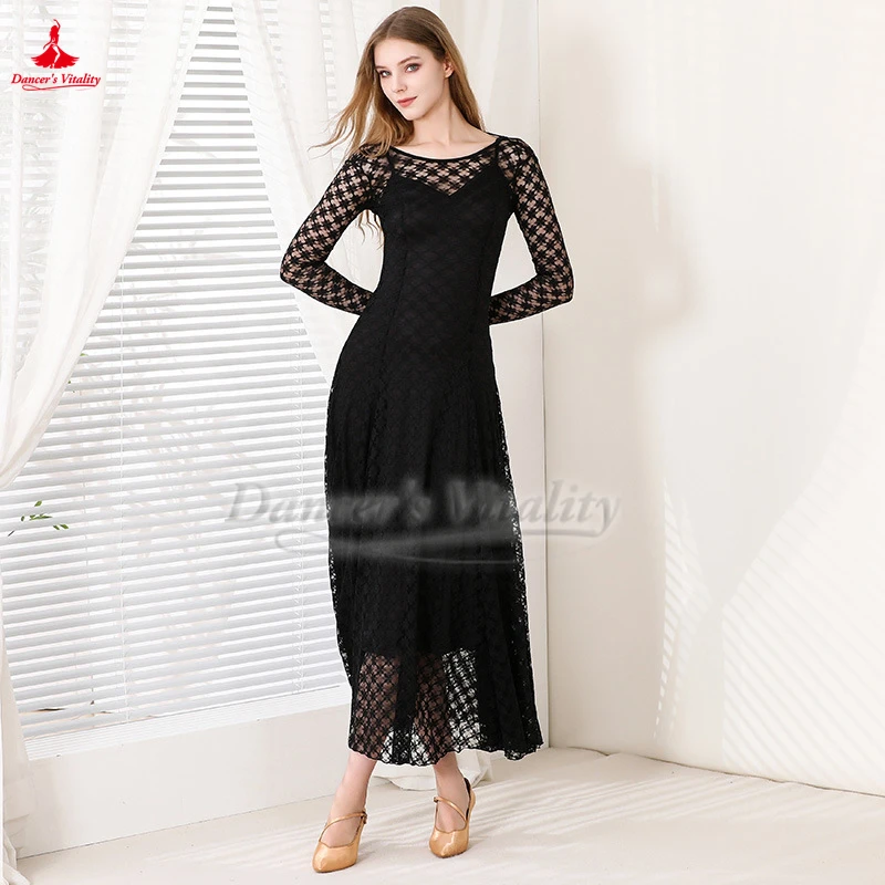 

Черный кружевной костюм из двух предметов для бальных танцев с длинными рукавами, женский костюм для взрослых, вальс, фокстрот, танго, квикстеп, профессиональные платья