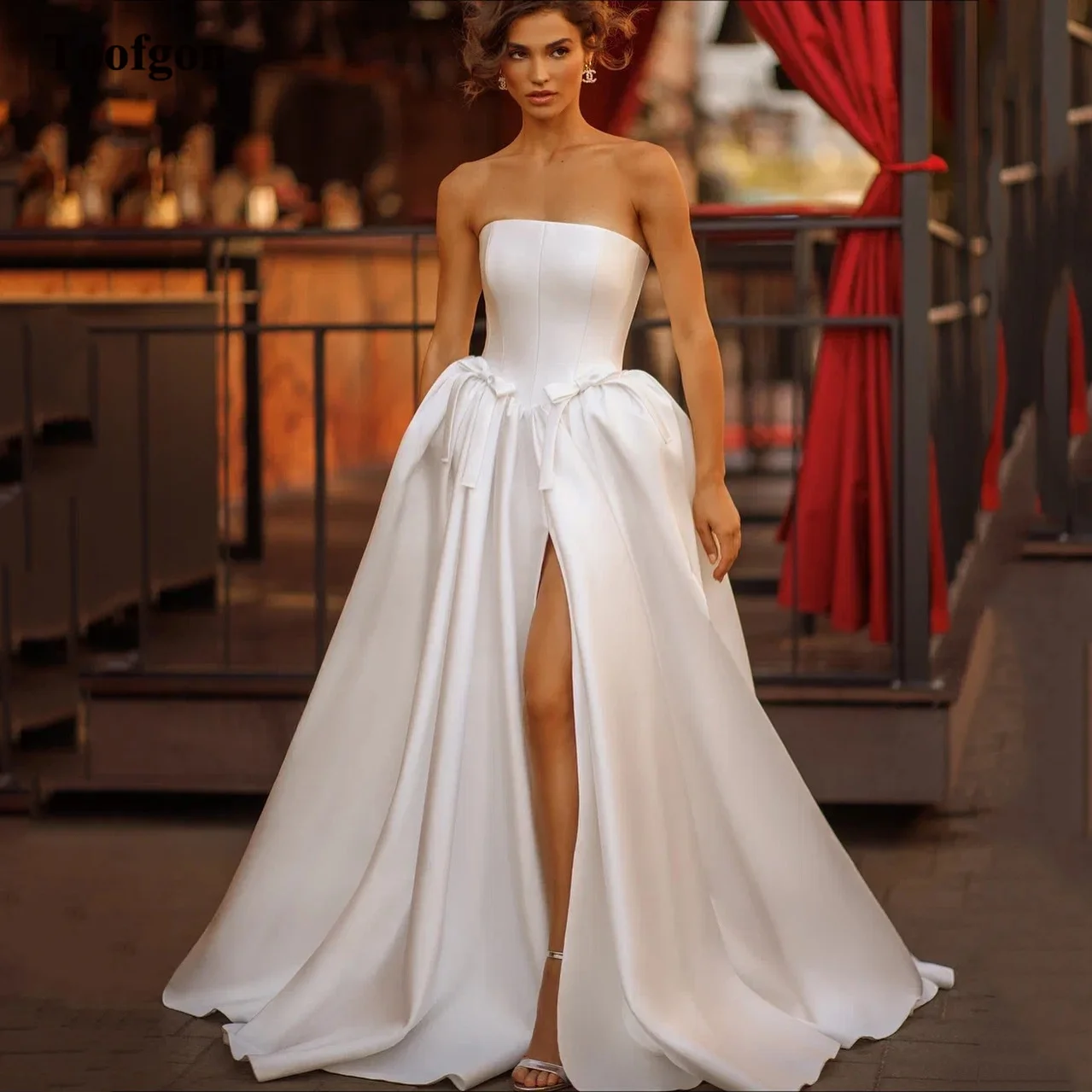 Toofgon A Line Satin Slit Customized Wedding Dresses For Bride Bow Decorations Long Train Women's Bridal Photography Dress 2026