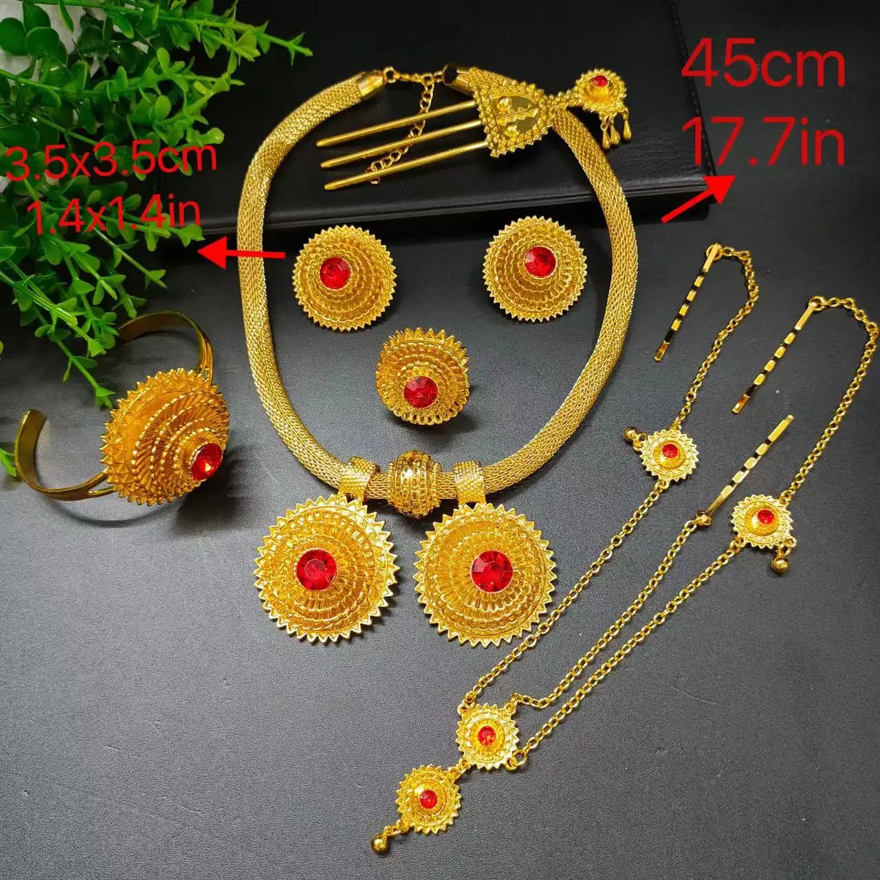 2024 NEW Ethiopian Jewelry Set Necklaces Earrings Bracelet Ring HeadChain HairPin Eritrean Habesha Luxury Wedding Accessories