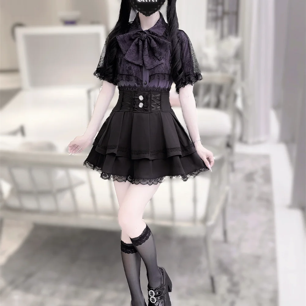 Japanse Mijn In massa geproduceerde Lolita Korte Mouw Zomer meisje Vrouwen Subcultuur Kant Cape Boog Lolita Shirt Top Mini rok