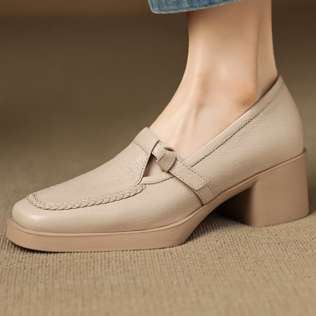 

2025 Новые женские туфли-лодочки без шнуровки из овчины с квадратным носком и Т-образным ремешком, большие размеры 34–41, туфли на каблуке в стиле OL на толстом среднем каблуке 5 см.