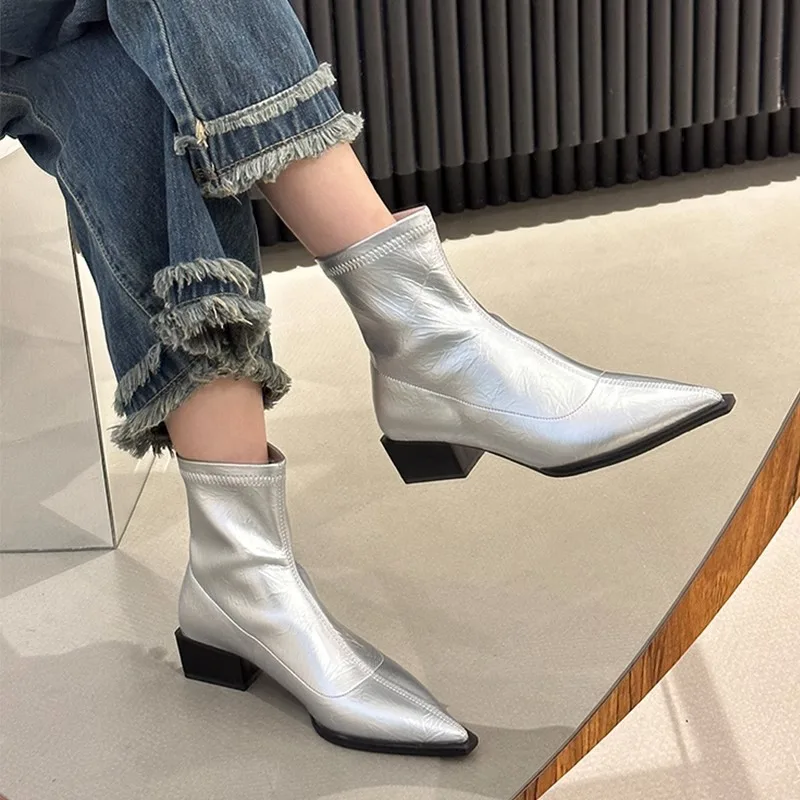 2024 New Women Ankle Boots Spring and Autumn Fashion Pointed Toe Ladies Short Boots Slip on Square Low Heel Women\'s Booties