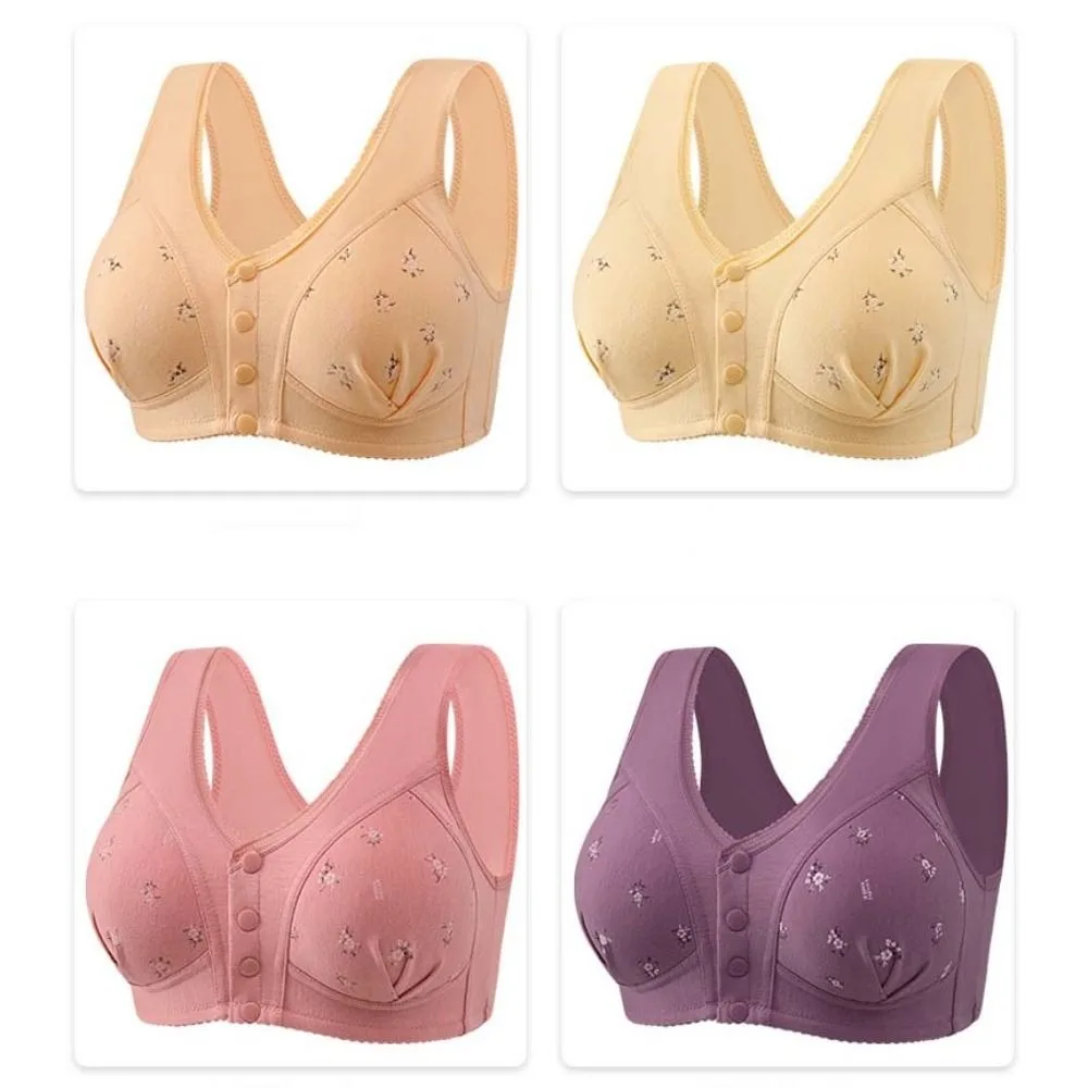 Comfortable Plus Size Women's Flower Bra Ruffle Seamless Wireless Bra Elderly Widen Band Intimates Front Button Bras Lingerie