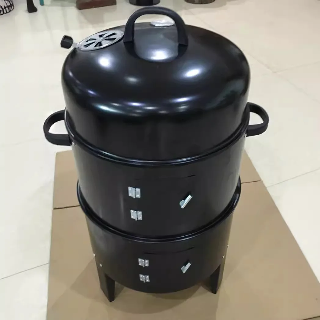 Charcoal smoker can be split and stacked to burn Round barbecue grill