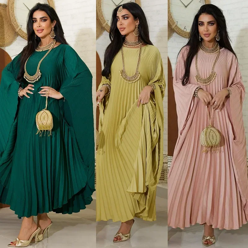 Fashion Street Abaya Pullover Pleated Women's Dresses Swing Large Size Dresses Solid Color 2025 Spring New