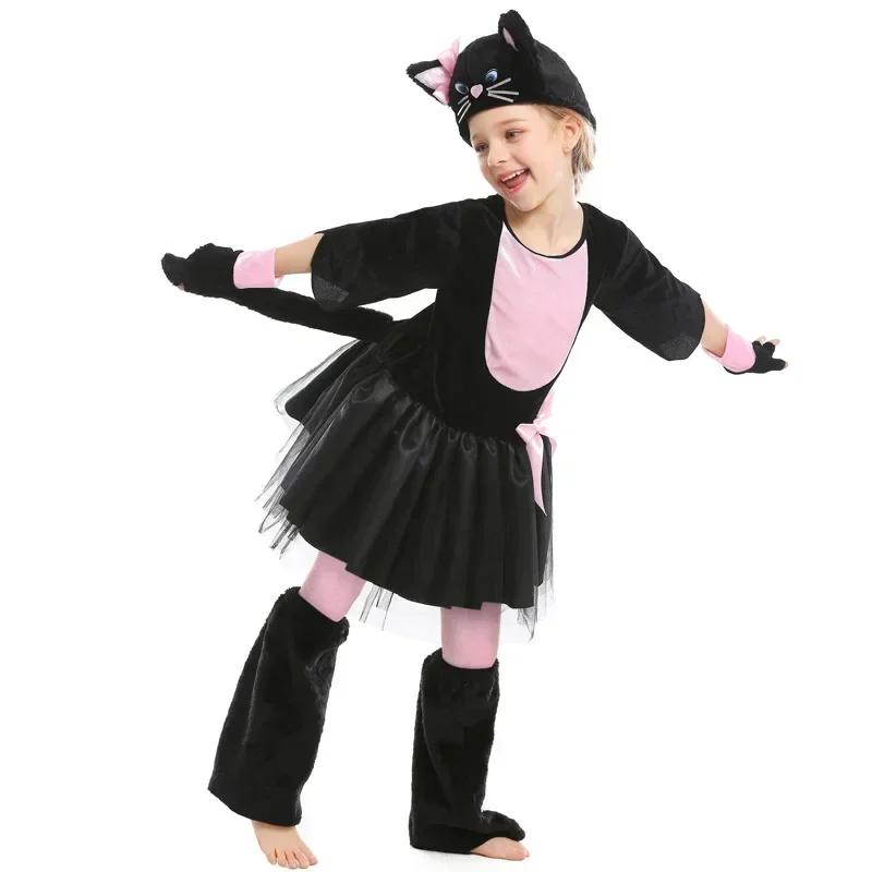 Fofa Miss Kitty Cosplay para meninas, vestido de gato rosa e preto, festa de carnaval de Halloween, carnaval para crianças, criança