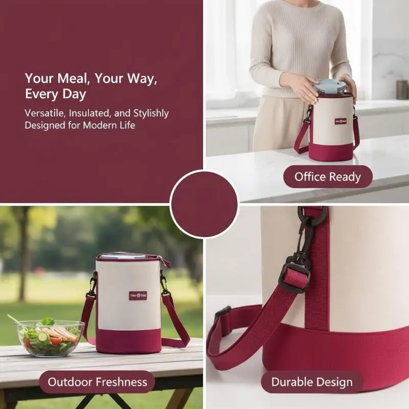 Isolierte, zylindrische Lunchtasche mit verstellbarem Schulterriemen, faltbare Thermotasche für den Außenbereich, ideal für Reisen, Camping und die Schule (1 Stück). – Detail 5