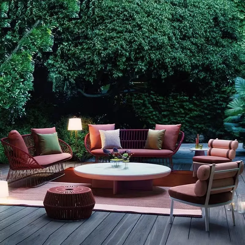 Sofá nórdico de arte em rattan, pátio ao ar livre, villa, lazer, rattan, reclinável, protetor solar à prova d'água, hotel, combinação de móveis para casa de família