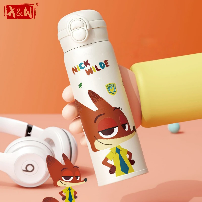 X&W 500 ml Edelstahl-Thermosbecher Cartoon Judy Nick Becher Auslaufsichere Thermobecher Doppelt trinkende isolierte Wasserflaschen für Kinder