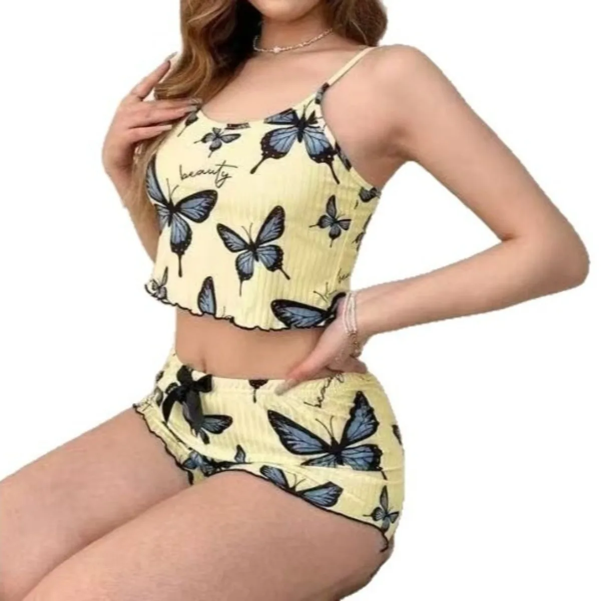 Blue Butterfly Print Cami Crop Top And Matching Shorts Set With Bowknot Detail Sweet Sleepwear Attire
