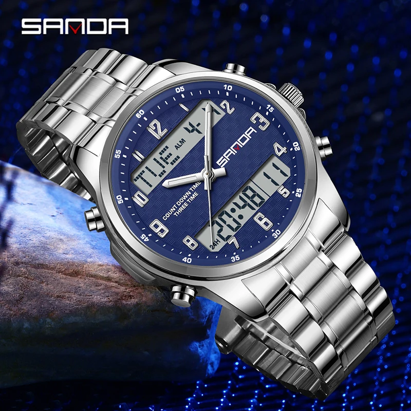 SANDA 9119 العرض المزدوج حزام ناقل من الفولاذ ساعة رجالية حركة مزدوجة متعددة الوظائف توقيت ضوء الليل ساعة تنبيه 5ATM مقاوم للماء