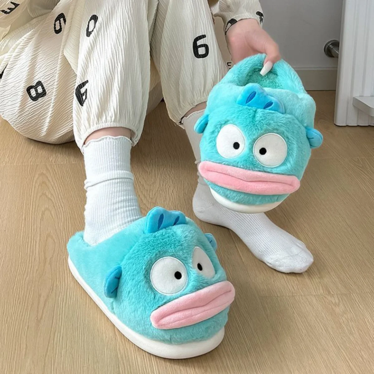 Anime Hangyodon Plush Slippers Sanrio Home Shoes Cartoon Warm Soft Non Slip Indoor Floor Slippers Kawaii Bedroom Flat Heels Gift