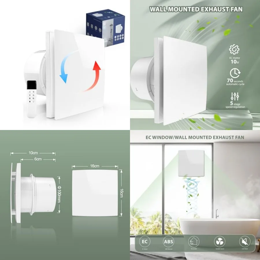 

Exhaust Fan Wall Mounted Bathroom 4 Inch with Remote Control Low Noise EC Motor, Easy Glass/Wall Installation, Variable Speed,