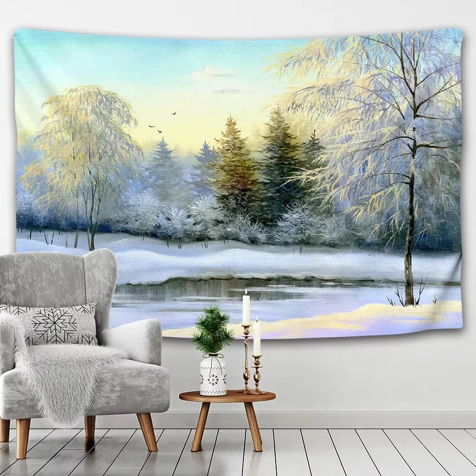 Bohemian Hippie Tapestry, Wall Hanging, 3D Printing, Snow Landscape, Natural Scenery, Home Decoration