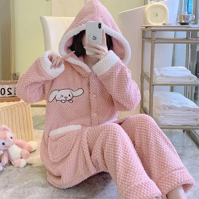 

Coral Velvet Pajamas Female Autumn Winter Large Size Plus Velvet Thicken Loungewear Loose Flannel Hooded Homewear Sets 2023 New