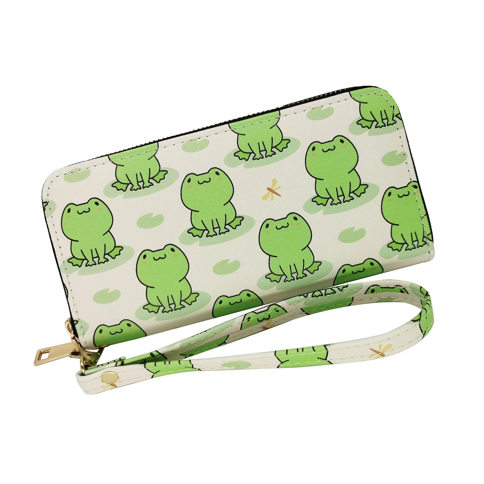 

Women's Cute Frog Pattern Wallet, Faux Leather Zip-Around Clutch With Wristlet Strap, Modern Style, Large Capacity Card & Phone