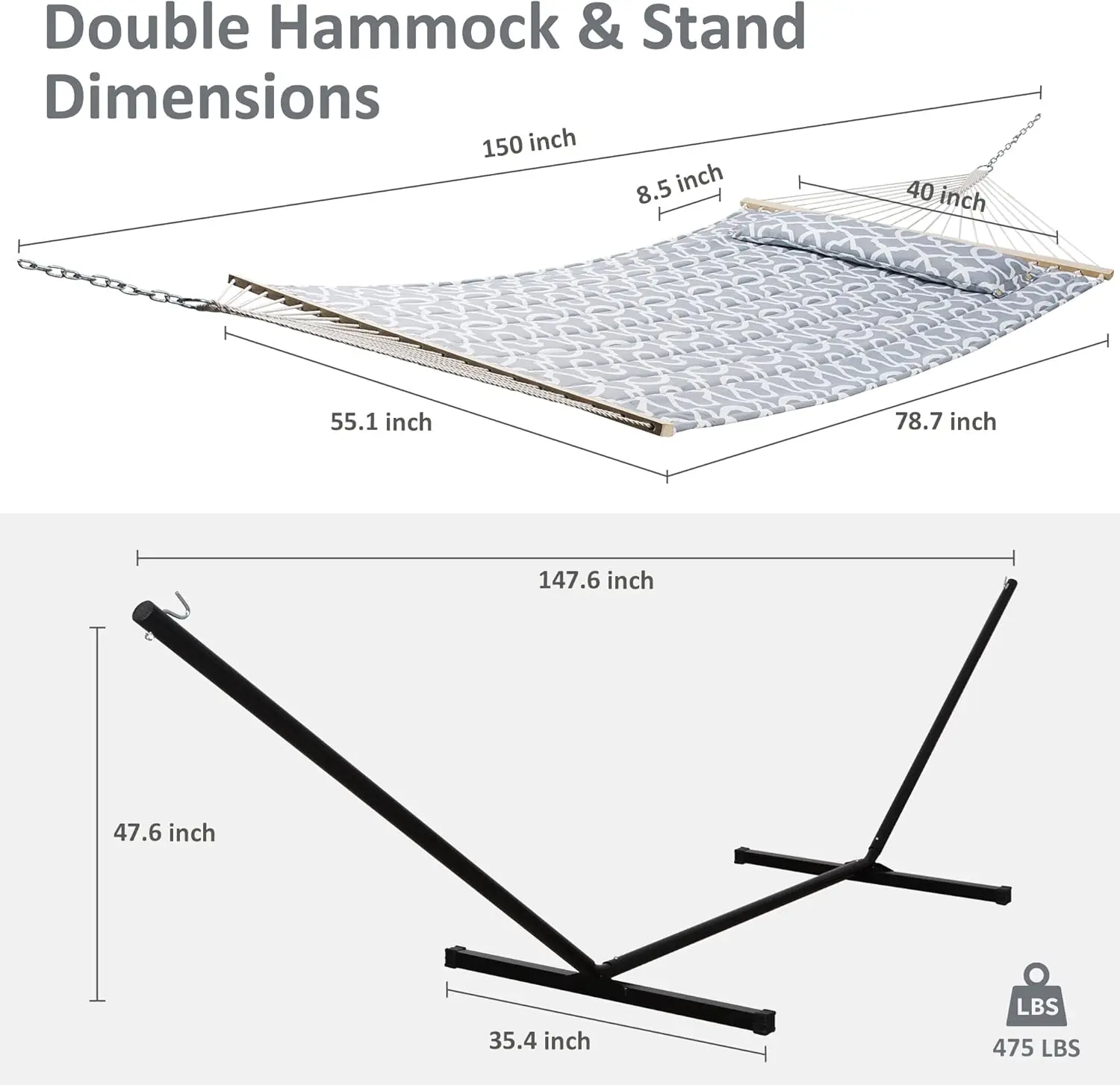 Extra Large Double Hammock com suporte, Outdoor Hammock portátil, Hardwood Bar Espalhador, 475lbs Capacidade, 55"