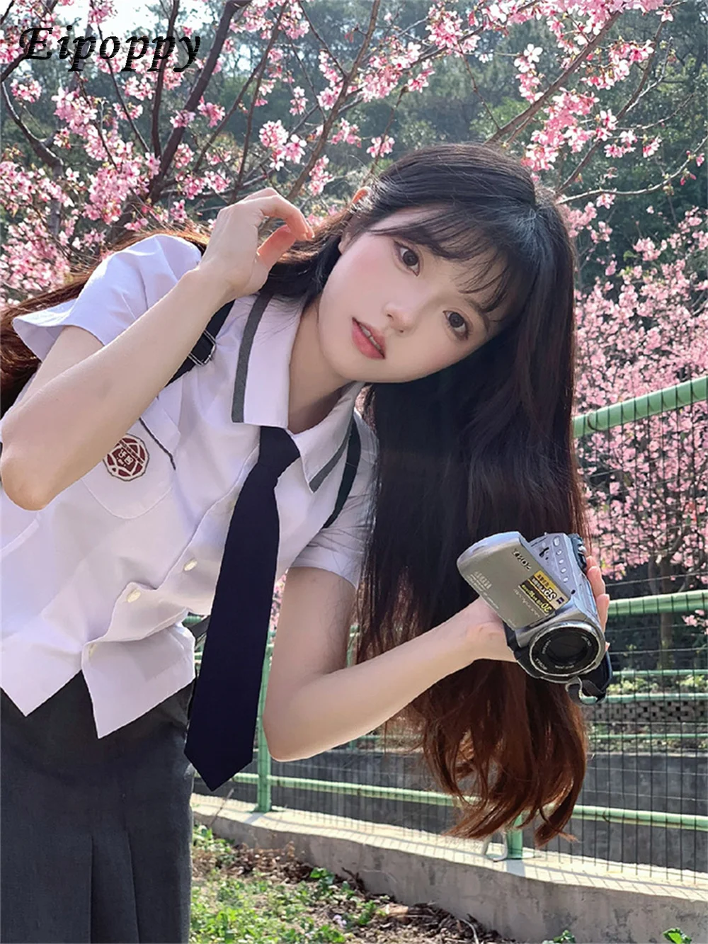 School Uniform White Waisted Short Shirt College Style Uniform Shirt Pleated Skirt Two-Piece Suit