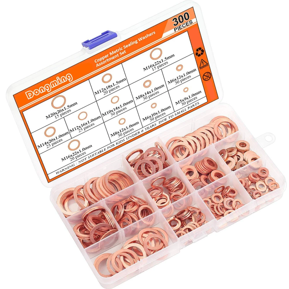280pcs/360pcs Copper Sealing Oil Gasket Sets Copper Flat Gasket M5 M6 M10 M12 M14 M16 M18 M20 Round Copper Sealing Ring Washers