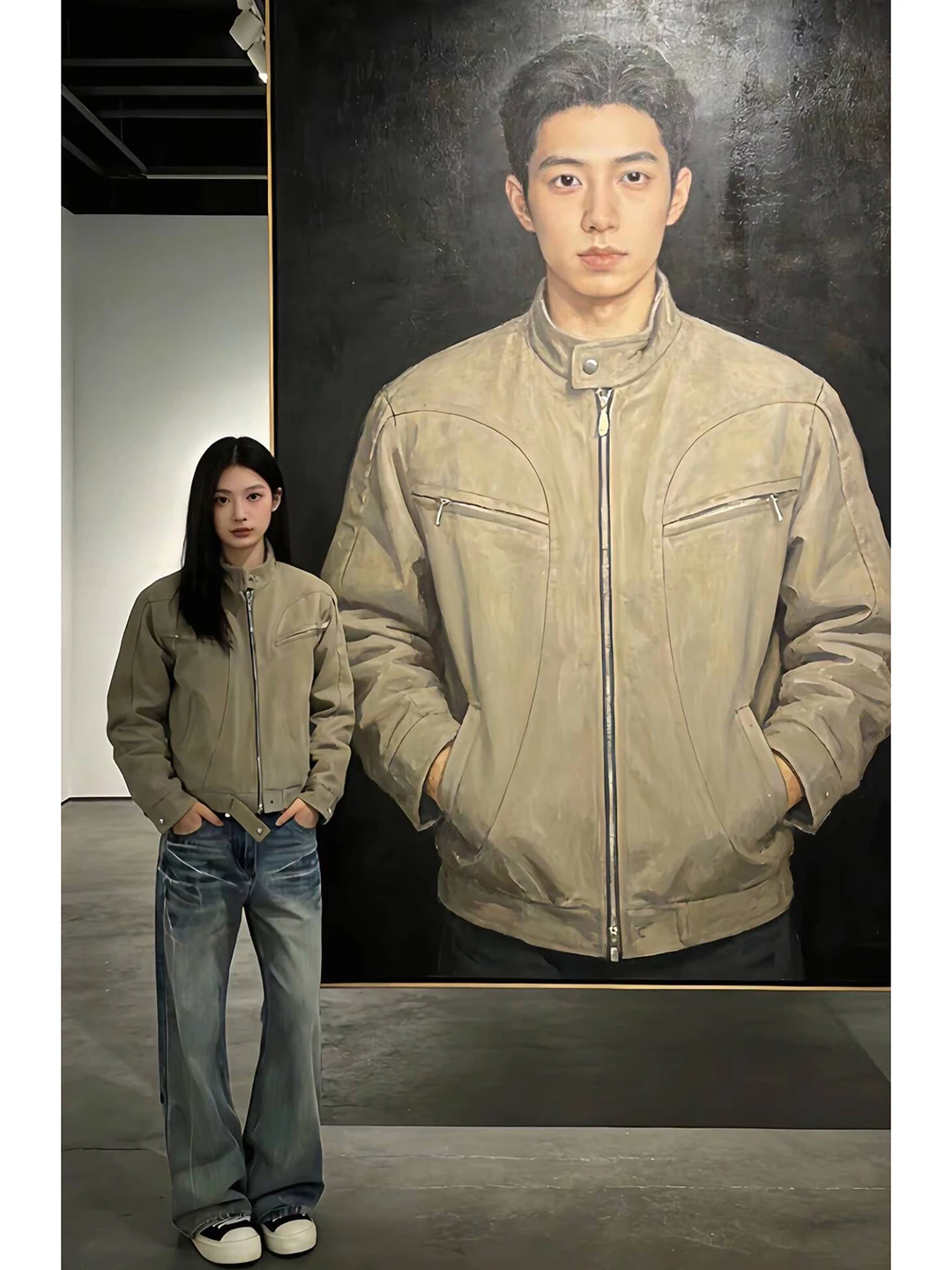 

Khaki ort Harington Jaet Men's Spring American Retro Waed Denim irt Haome oulder Stand Collar Outerwear