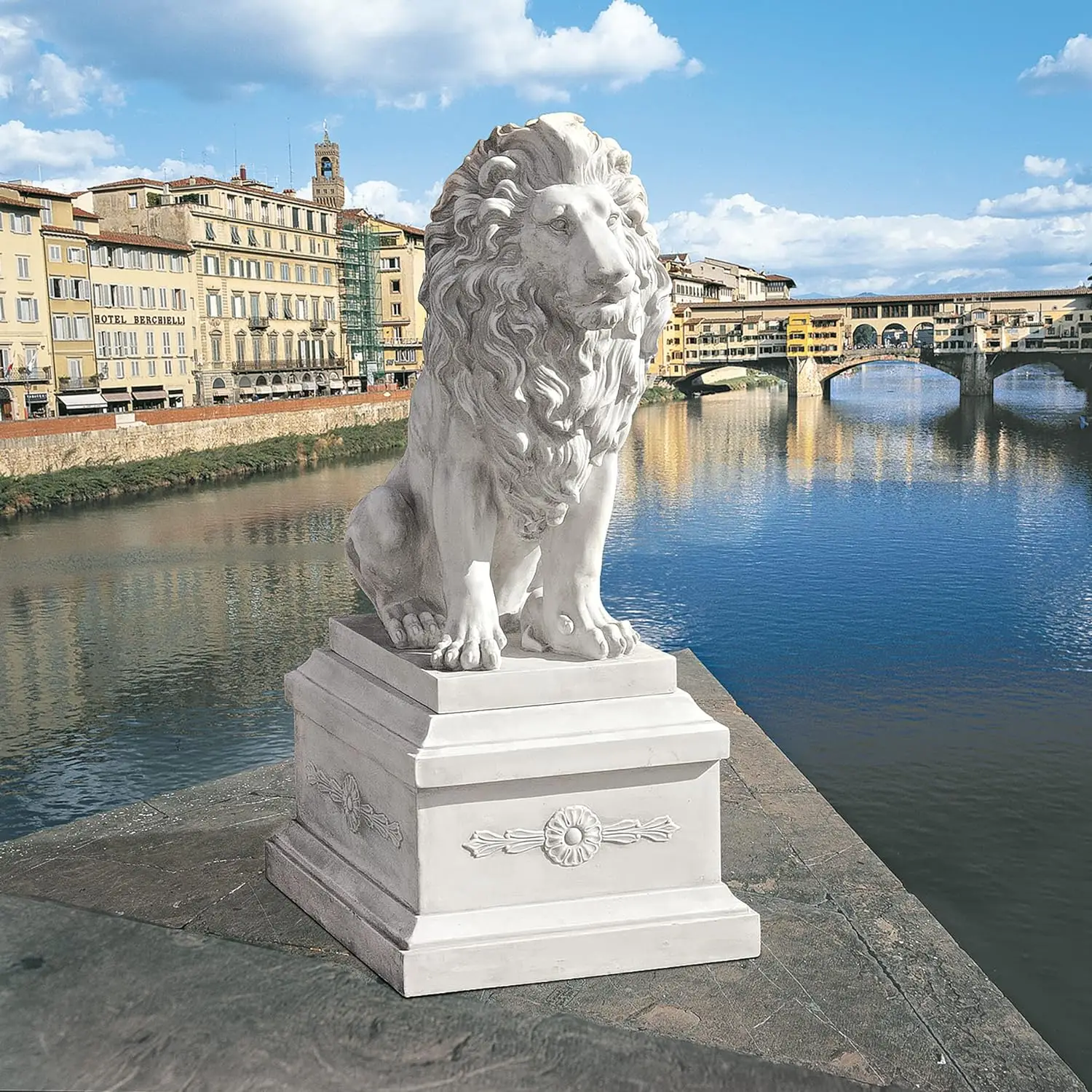 Lion of Florence Sentinel Statue, Handcast Polyresin, Antique Stone Finish, 13 Inches Wide,