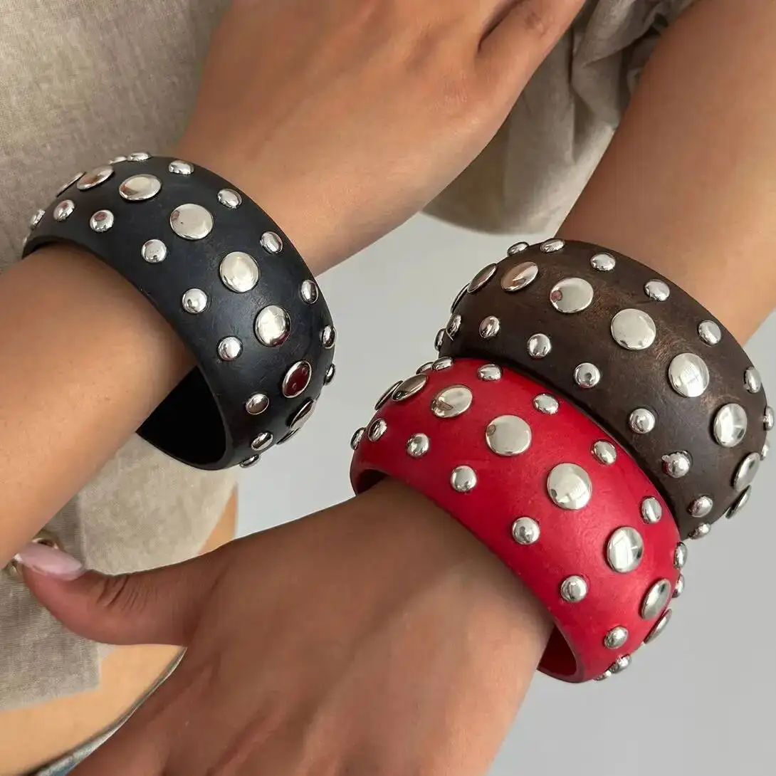 SHIXIN 3 Styles Retro Wooden Round Wide Bracelet for Women Bohemian Stackable Chunky Bangle Party Jewelry Gift Hand Accessories