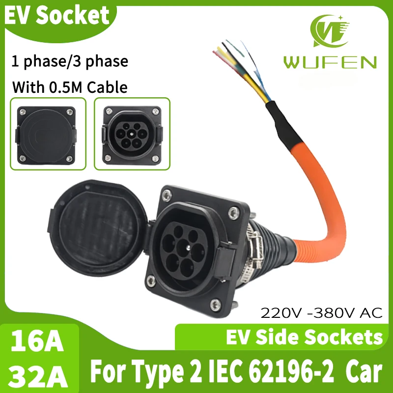 WUFEN Type 2 Male Plug Socket for IEC 62196-2 Electric Vehicle Side Charging Port 16A 32A 1/3-phase Type 2 Charging Inlet