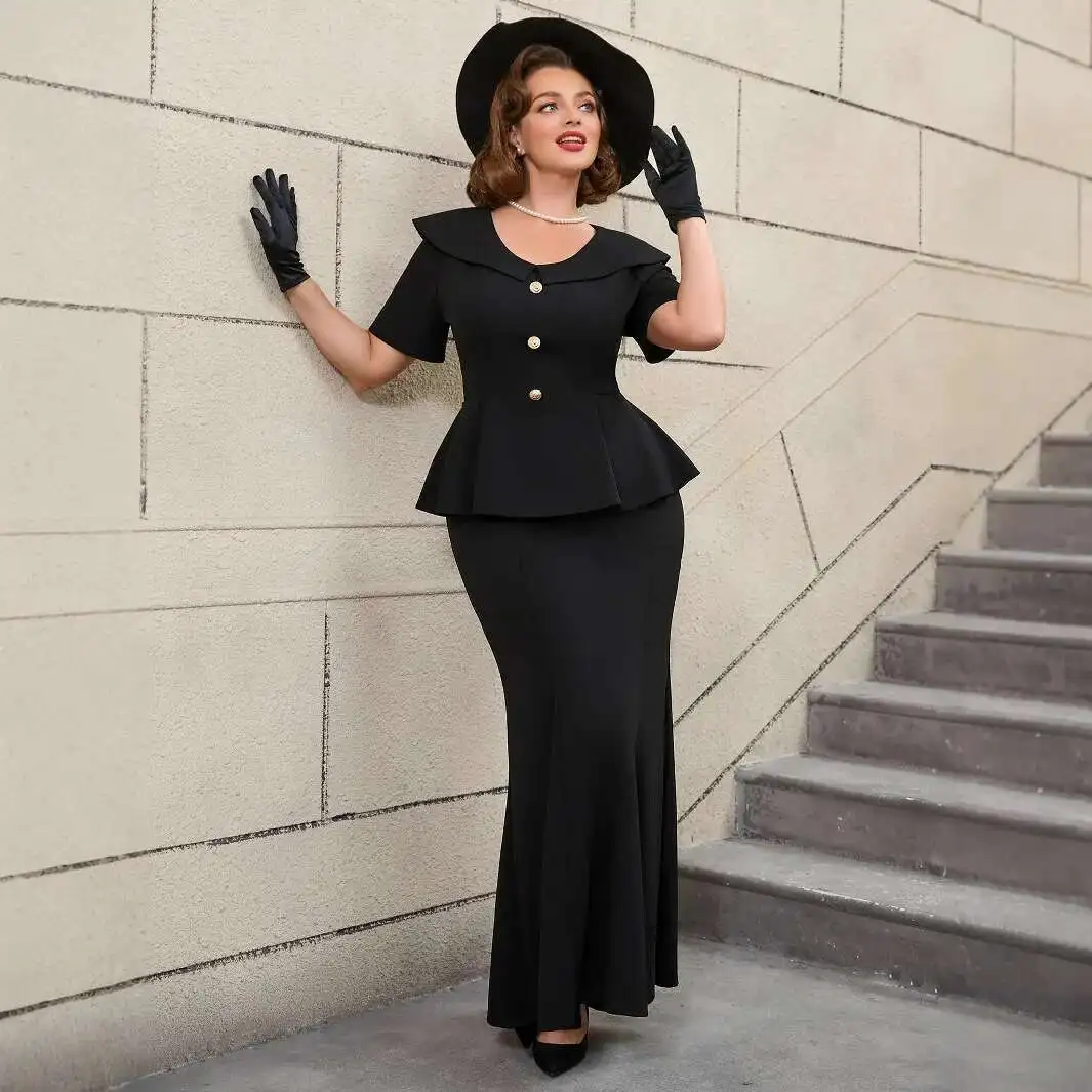 

Plus Size Black Lapel Ruffle Slimming Dress Short Sleeve Fake Button Mermaid Skirt Set Dresses Party Summer Elegantes Casual Y2k