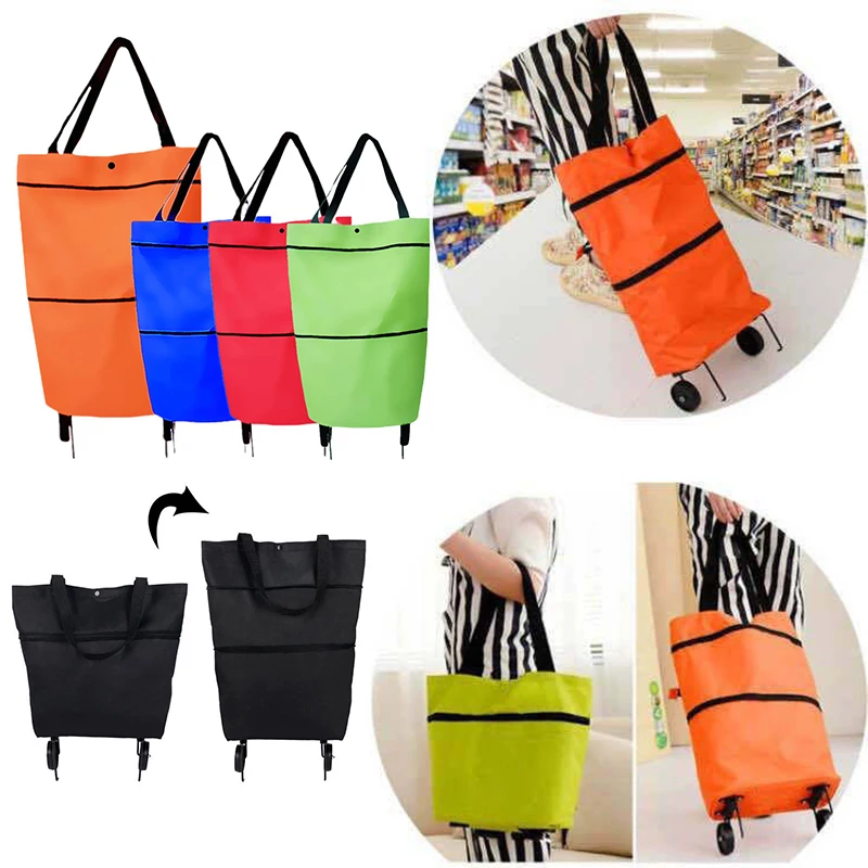 2 In 1 Foldable Shopping Cart Trolley Bag With Wheels Reusable Grocery Bags Food Vegetables Organizer Large-Capacity Handheld