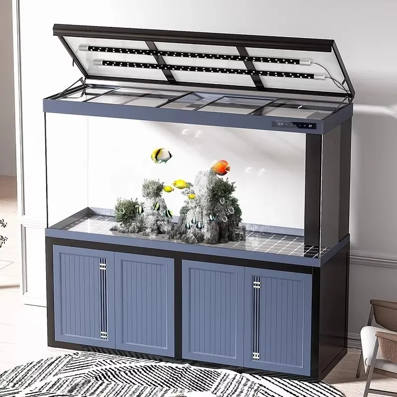 Professional Ultra White Glass Rectangle Ecological Aquarium Large 25W Fish Tank with Cabinet for Living Room Fish Accessories