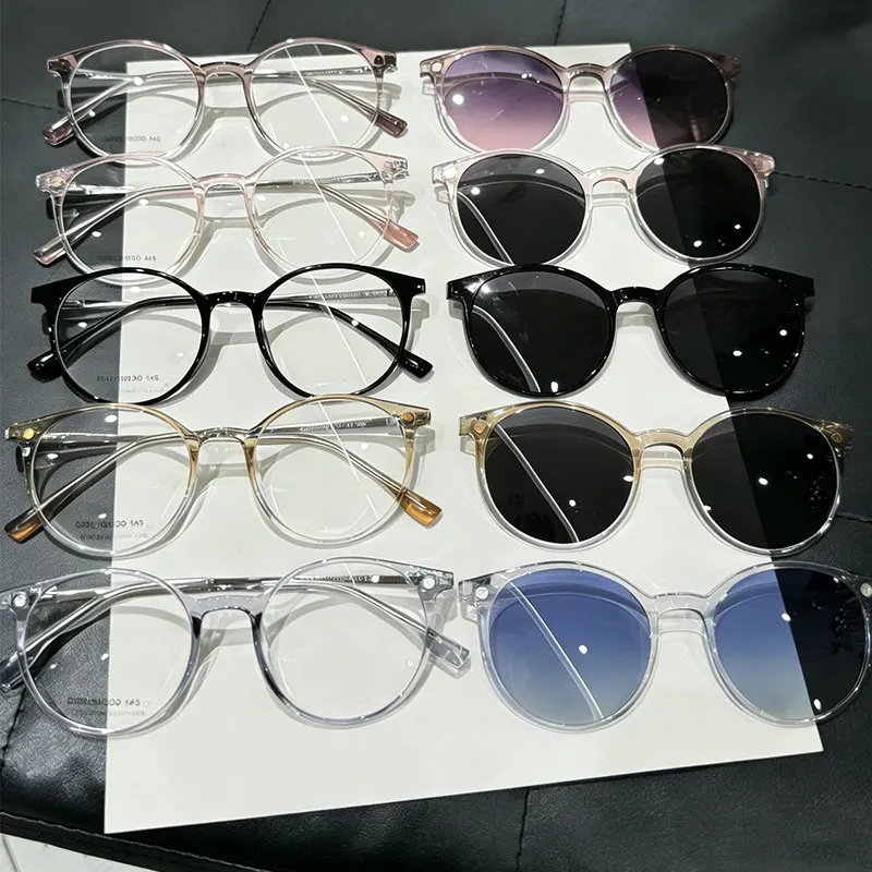CCspace Trendy Polarized Myopia Magnet Clip On Prescription Sunglasses Women Round Flip Glasses Driving UV Protection Eyeglasses