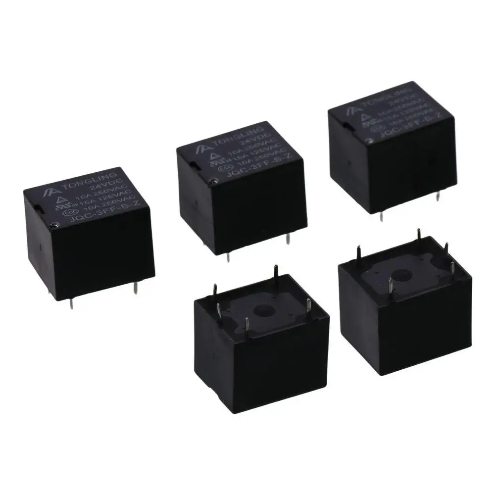 5pcs JQC-3FF-S-Z Electromagnetic Power Relay Black DC 24V PCB Power Relays 5 Pin Plastic&Metal Power Relay For Home