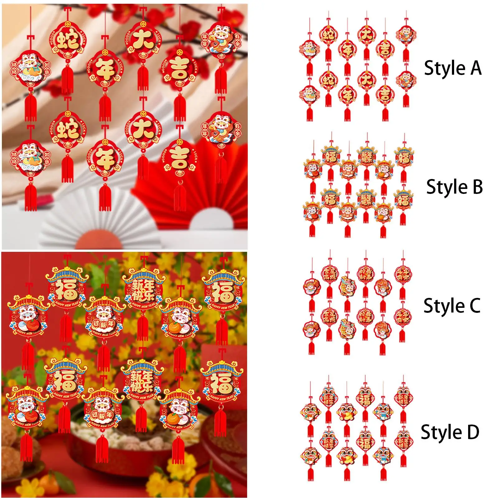 12 Pieces Chinese New Year Hanging Decorations Blessing Chinese Characters Spring Festival Decorations for Wall Housewarming