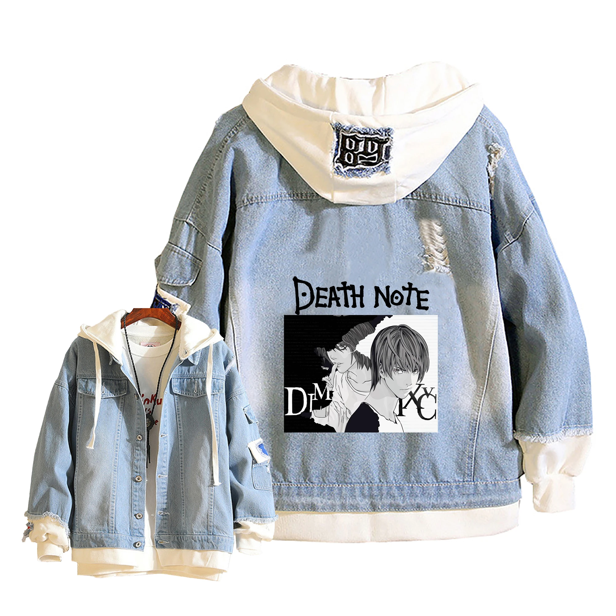 Anime Death Note Girls Loose Jeans Jacket Cartoon Ryuk Print Hoodie Streetwear Couple Sweatshirts Demin Hooded Coats Outerwear