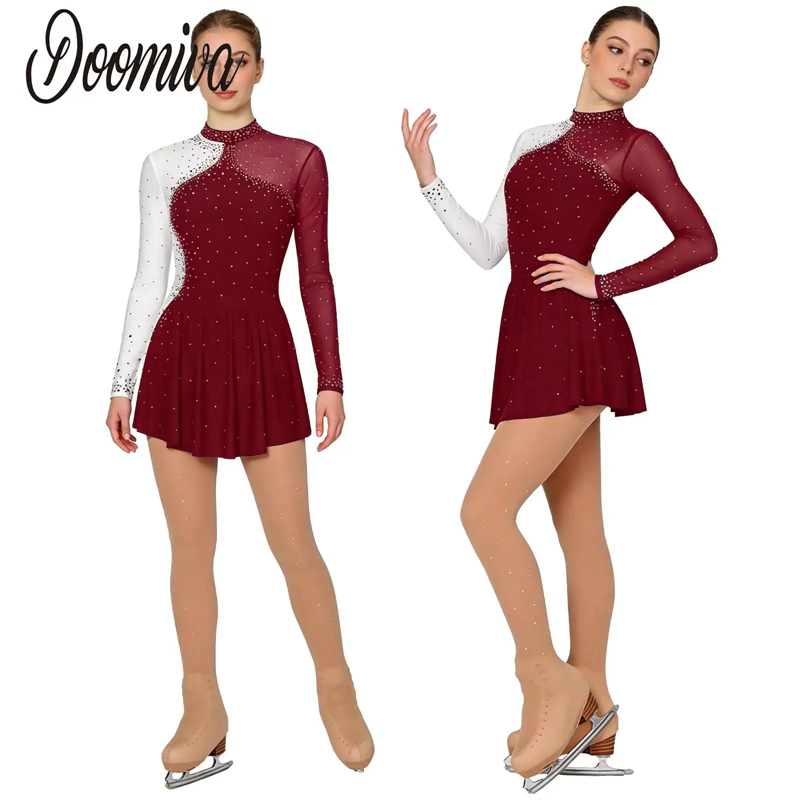 Women Gymnastics Figure Skating Dress Lyrical Dance Performance Costume Rhinestones Classical Skating Leotard Dress and Tights