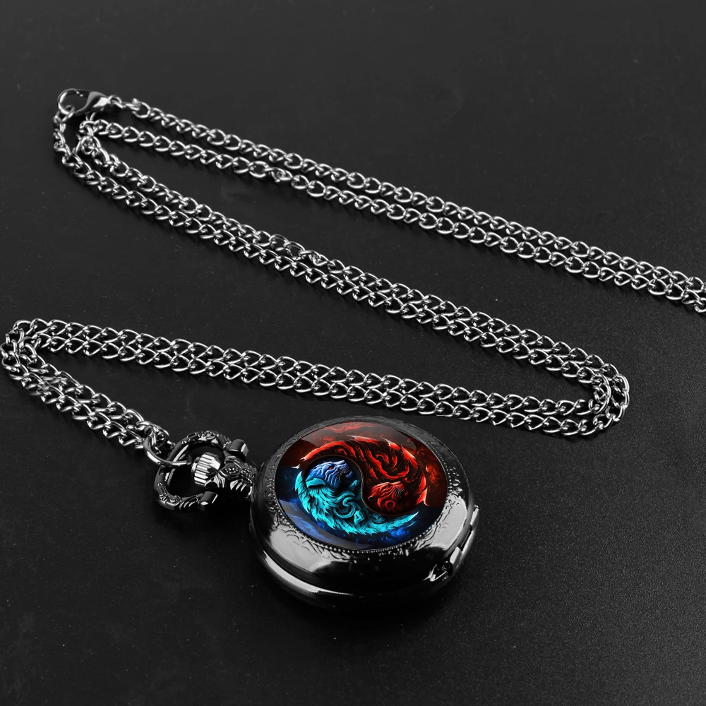 Exquisite Ice and Fire Lion Glass Dome Quartz Pocket Watch Arabic numeral Necklace Pendant Gifts For Women Man with Chain