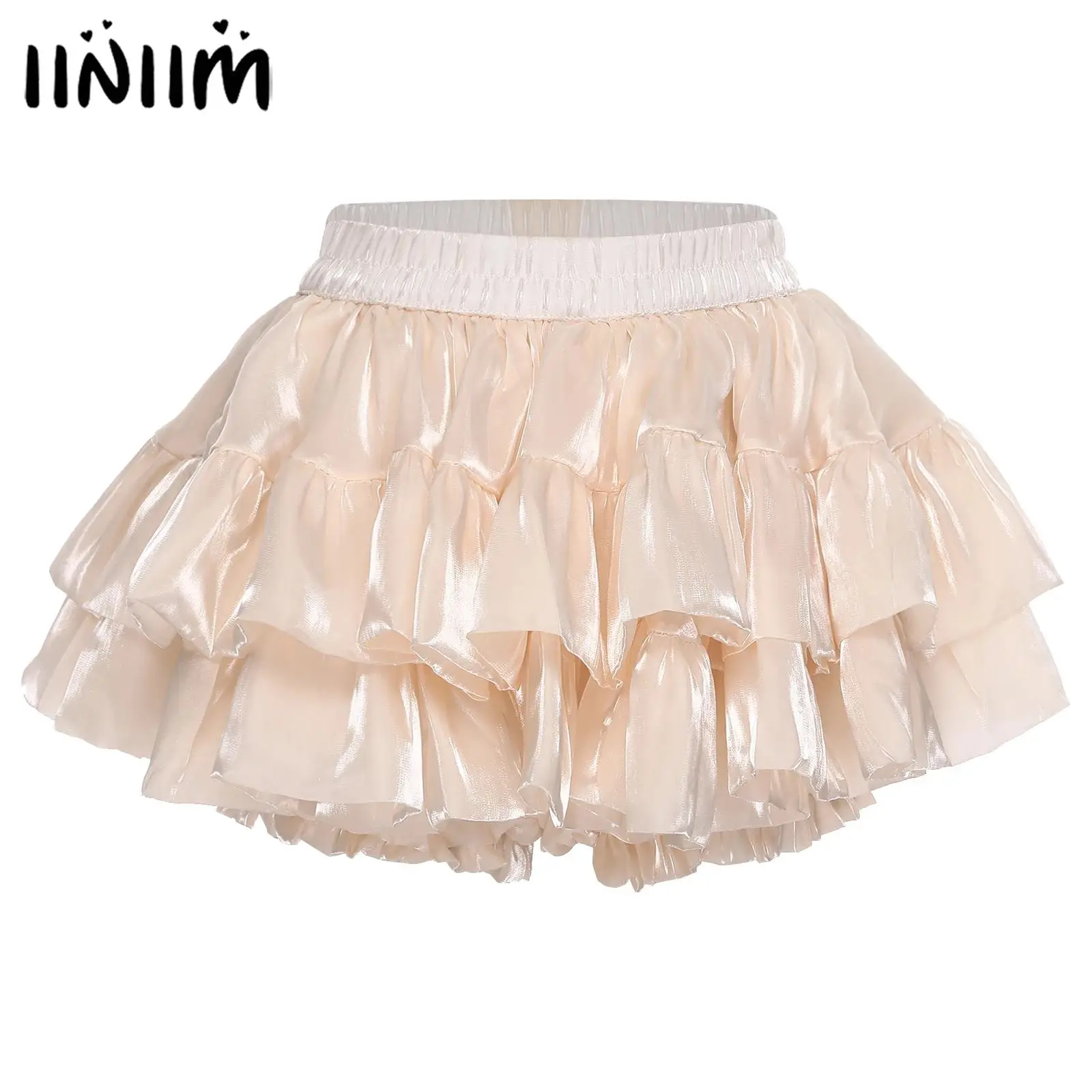 

Women Lolita Iridescent Tiered Skirt Culottes Elastic Waistband Ruffled Hem Built-in Pumpkin Shorts Puff Y2K Skirt Anime Costume