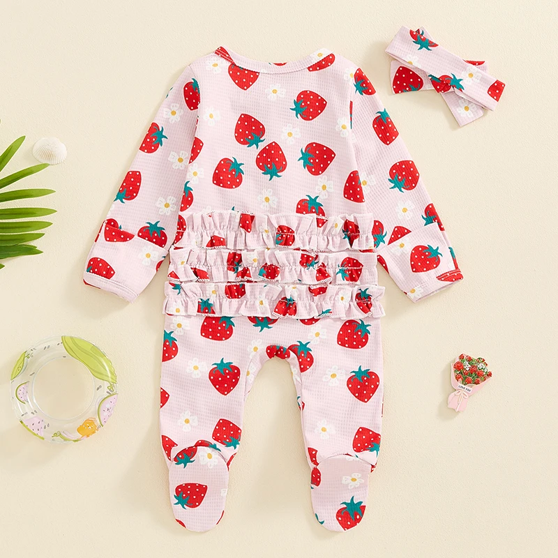 2024-05-10 Lioraitiin Baby Girls Long Sleeve Strawberry Flower Butterfly Print Frills Zipped Footies Jumpsuit and Headband