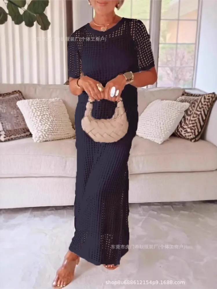 Solid Hollow Out Dress For Women Fashion Short Sleeve O Neck Loose Dresses Robe Femme Casual Holiday Boho Vestidos Clothes New