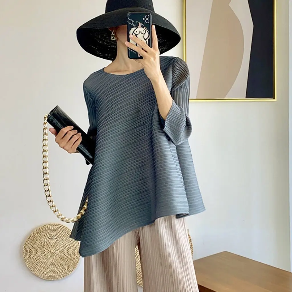 

Miyake Women's Asymmetrical Loose Slimming Top Versatile Three-Quarter Sleeve T-Shirt plus Size Export Fashion