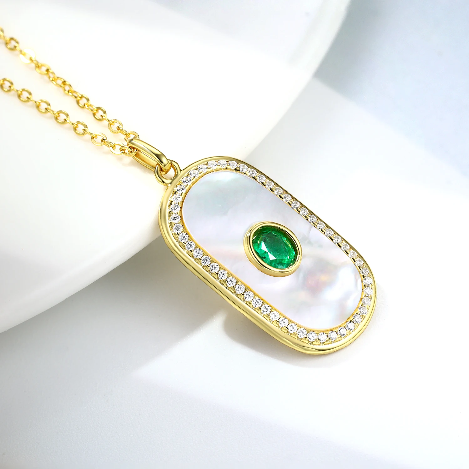 SILE Natural Emerald White Shell Fine Jewelry Necklaces Oval Shaped 18k Yellow Gold Plated 925 Sterling Silver Pendant For Women