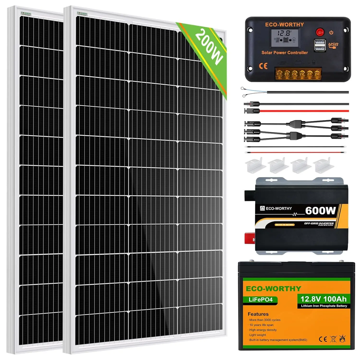 12VComplete Solar Panel Starter Kit for RV Off Grid with Battery and Inverter: 2pcs 100W Solar Panel+600W Premium Solar Inverter