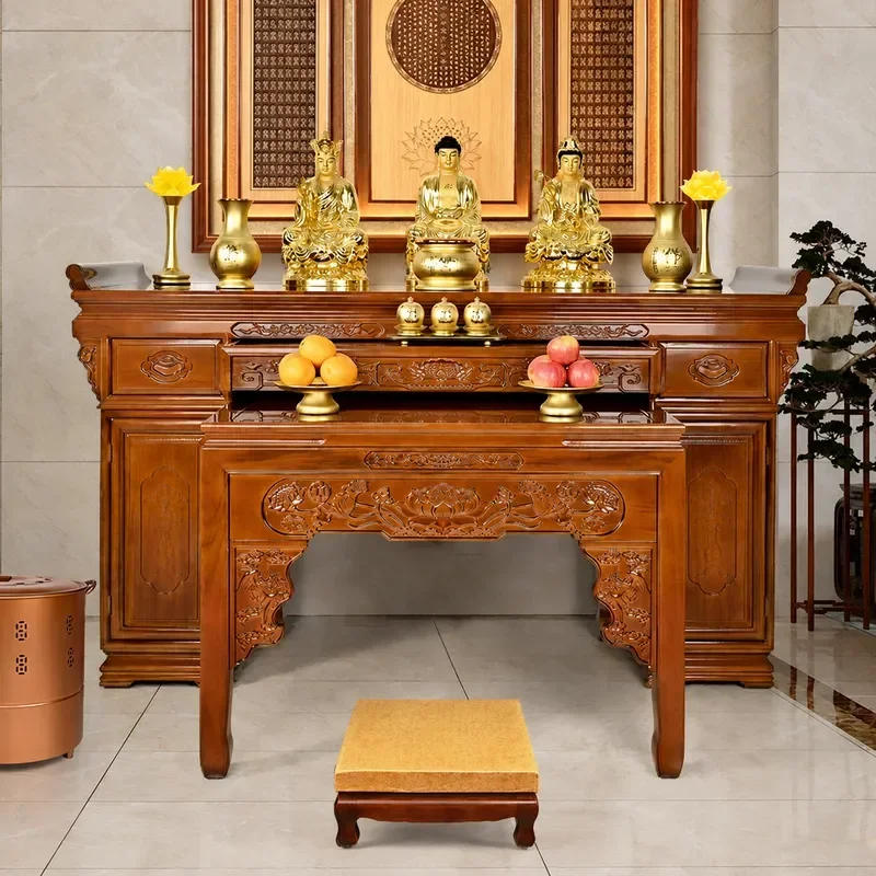 Solid Wood Incense Table for Home Buddhist Altar Guanyin Buddha Statue Stand Rural Style Offering Table for God of Wealth