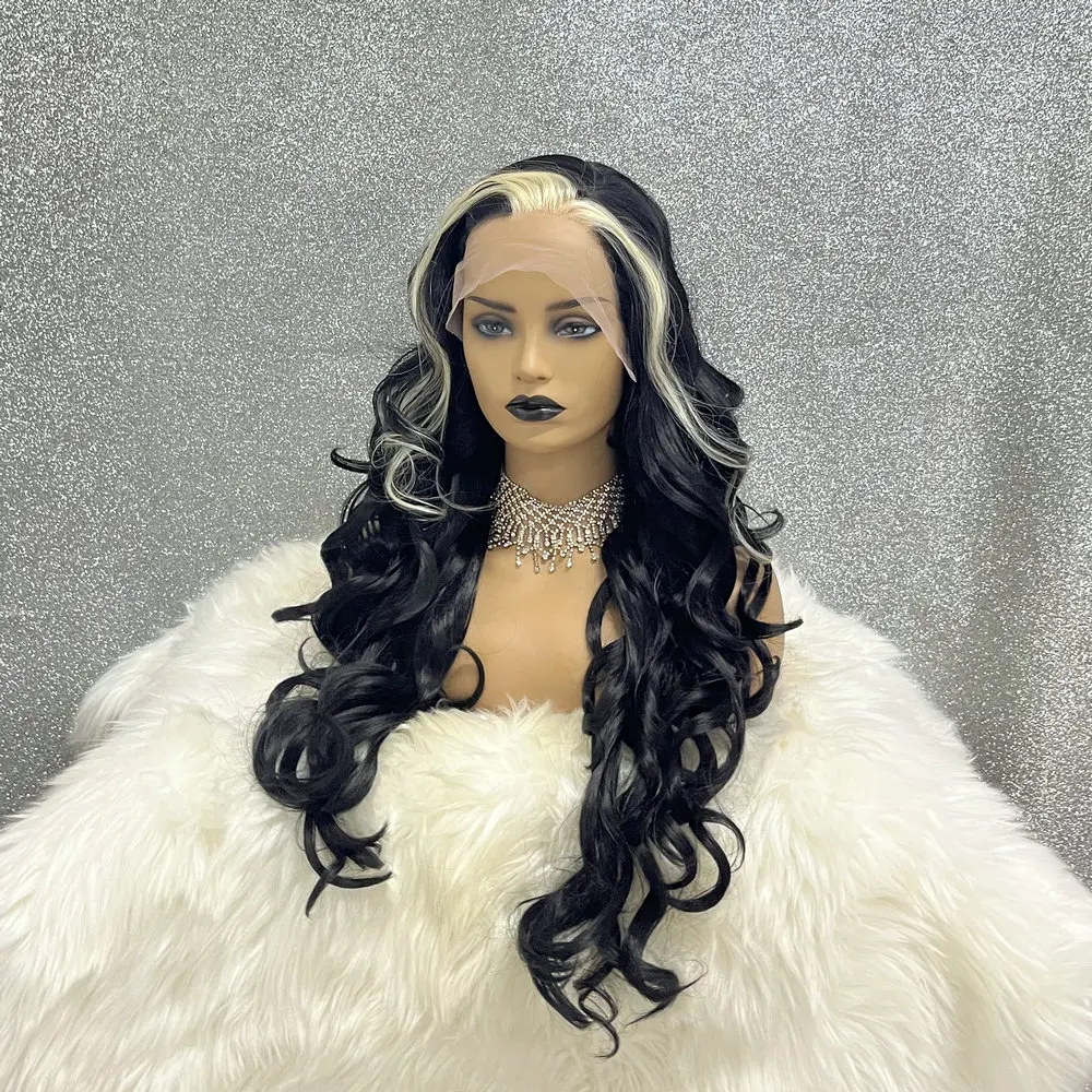 Perruque Lace Front Wig synthétique sans colle pour femme, Drag Queen pré-plumée, Highlight Black Colored Cosplay, At Wave, 13x3.5