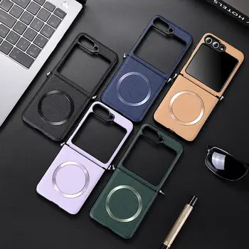 Bezdrátové nabíjecí pouzdro MagSafe pro Samsung Galaxy Z Flip 7 Flip6 Flip5 Flip4 magnetický kožený kryt Litchi 10 nejlepší prodej otočení zásobníku - №8