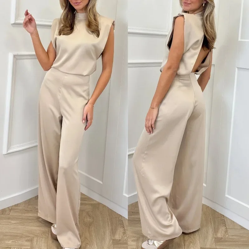 

2025 Новый европейско-американский женский костюм, атласный комбинезон с открытой спиной, широкие брюки, торжественное платье