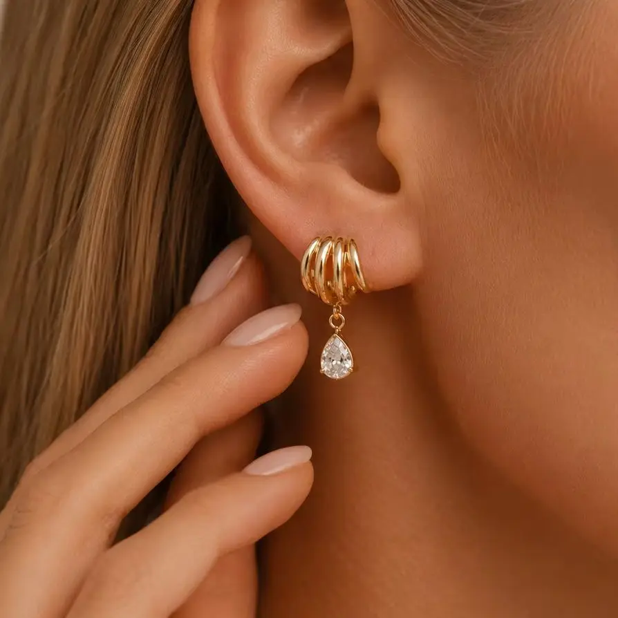 SHIXIN Trendy Exquisite Stainless Steel 18K Gold C Shape Glass zircon Waterproof Stud Earrings Women Hypoallergenic Jewelry Gift