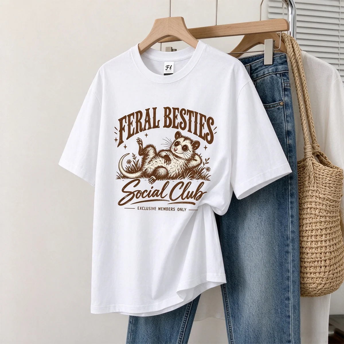 Women Boxy Short Sleeve T Shirt Feral Besties Social Club Opossum Graphic Tee Vintage Retro Casual Aesthetic Female Summer Daily
