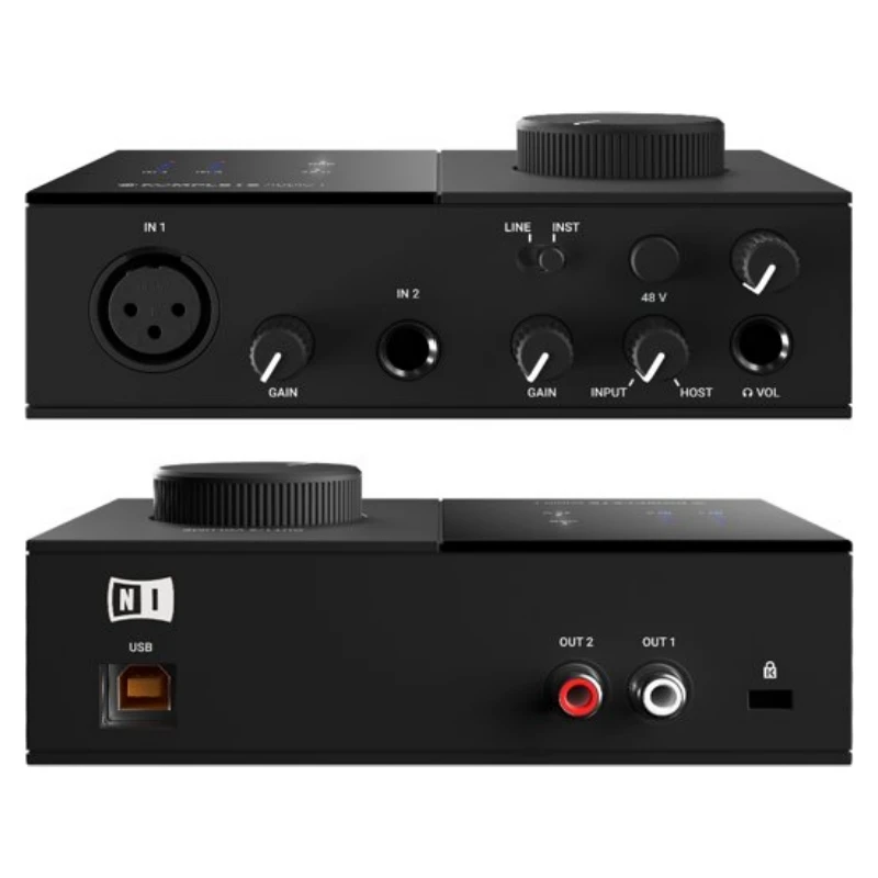 Tarjeta de sonido externa USB profesional NI KOMPLETE AUDIO 1 para arreglos, doblaje, guitarra eléctrica e interfaz de audio.