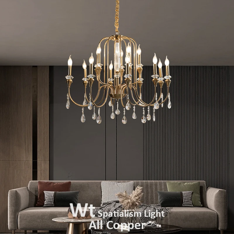 

Copper Crystal Chandelier For Living Room Bedroom Dining Room Kitchen Villa Retro Luxury Style Gold Candle Lamp Pendant Light